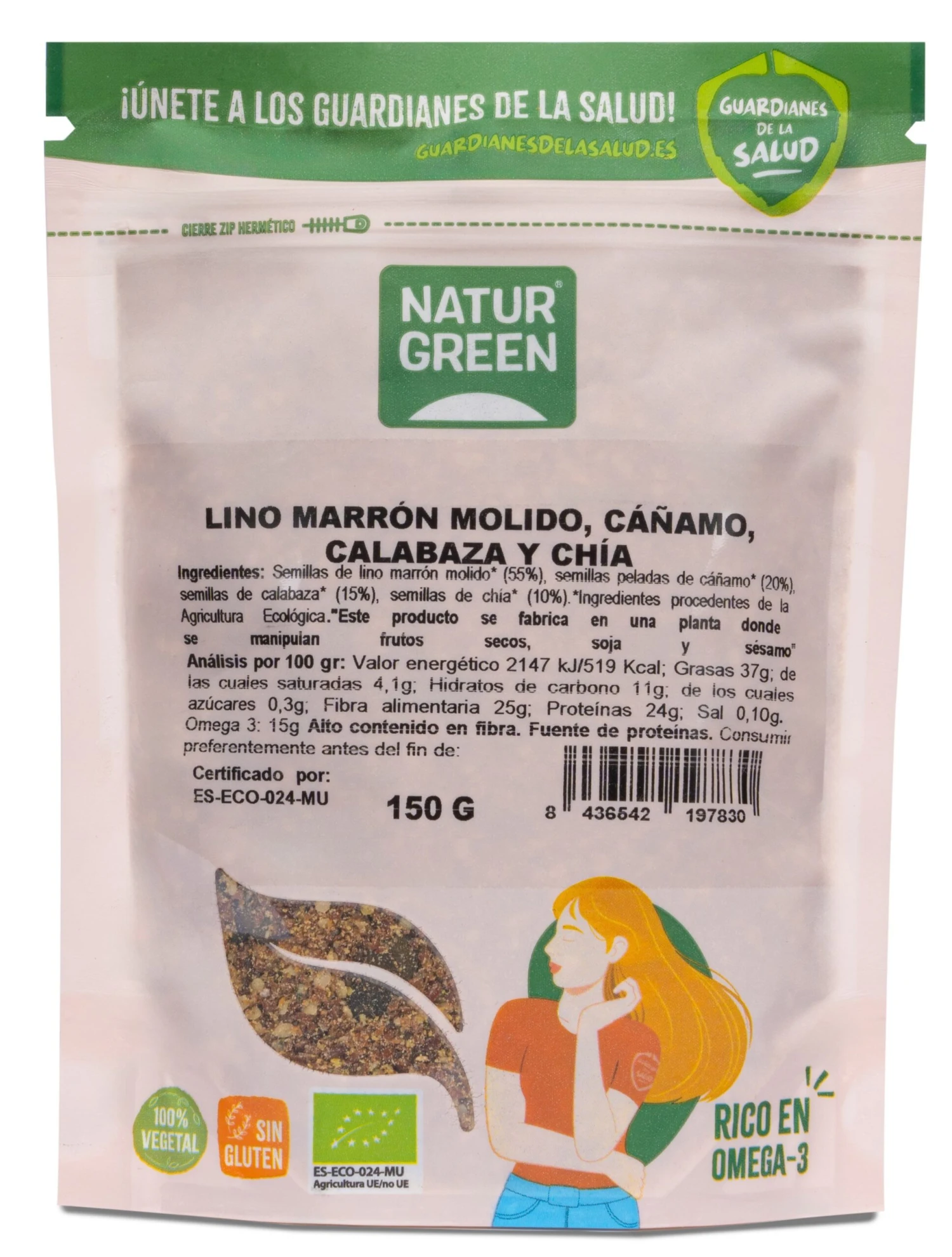 Semillas De Lino Molido, Cáñamo, Calabaza Y Chía Bio · Naturgreen · 150 Gramos